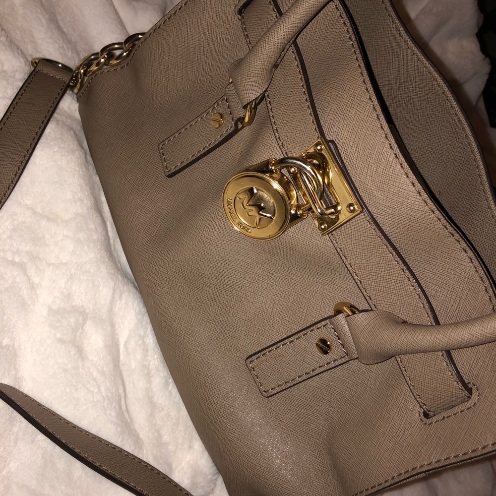MK Hamilton tan leather tote with gold accents